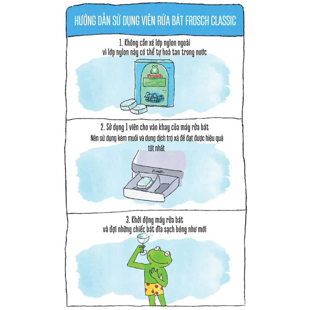 viên rửa chén Frosch, viên rửa chén hữu cơ, viên rửa chén không phốt phát, viên rửa chén an toàn, viên rửa chén nhập khẩu Châu Âu, viên rửa chén cho máy rửa chén, viên rửa chén Frosch Classic