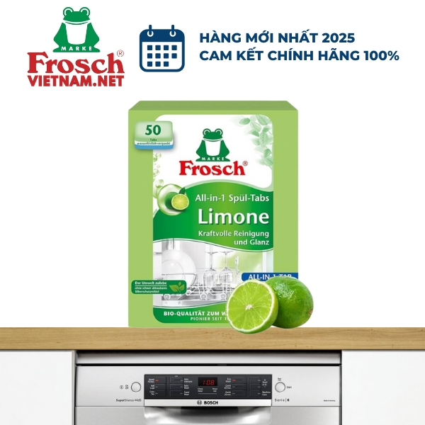 Hộp viên rửa chén hữu cơ Frosch All in 1 hương chanh 50 viên – Sạch bóng an toàn, thân thiện với môi trường