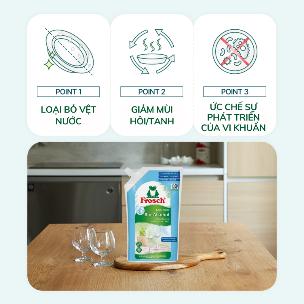 Nước làm bóng hữu cơ Frosch, Nước trợ xả máy rửa bát, Nước làm bóng chén đĩa, Nước làm bóng an toàn cho máy rửa bát, Nước trợ xả hữu cơ, Nước làm bóng bát đĩa nhập khẩu Châu Âu, Gel làm bóng Frosch 750ml, Nước làm bóng không hóa chất độc hại, Nước trợ xả bảo vệ kính, Nước làm bóng chén đĩa sạch bóng