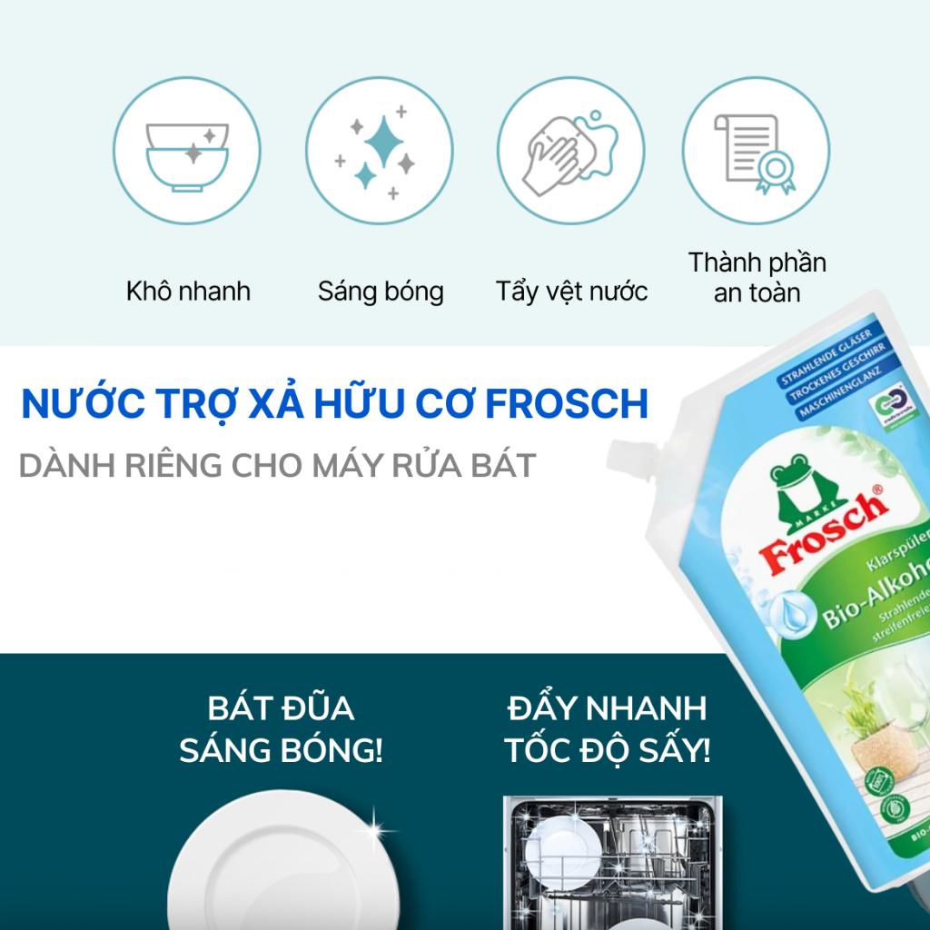 Nước làm bóng hữu cơ Frosch, Nước trợ xả máy rửa bát, Nước làm bóng chén đĩa, Nước làm bóng an toàn cho máy rửa bát, Nước trợ xả hữu cơ, Nước làm bóng bát đĩa nhập khẩu Châu Âu, Gel làm bóng Frosch 750ml, Nước làm bóng không hóa chất độc hại, Nước trợ xả bảo vệ kính, Nước làm bóng chén đĩa sạch bóng
